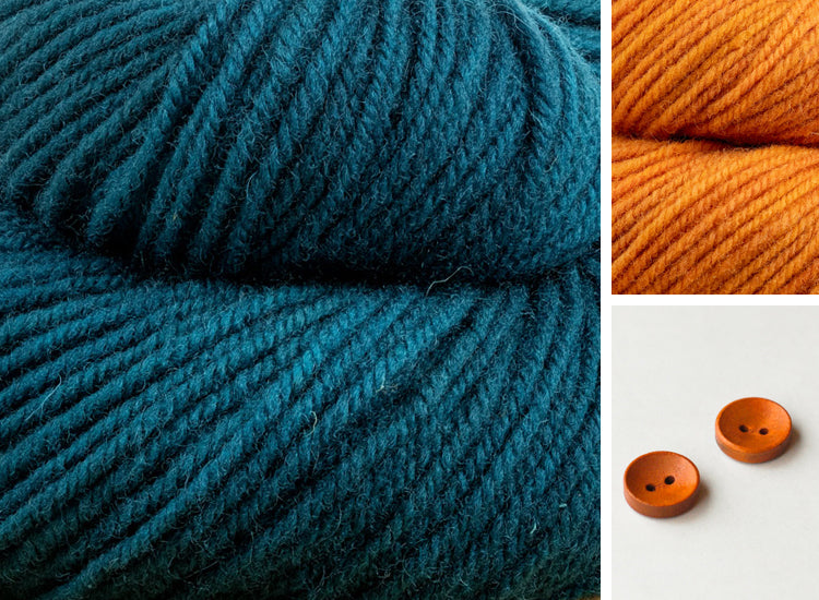 Collage showing Enchanted River + Zest (Teal and orange) colour combination with orange buttons.