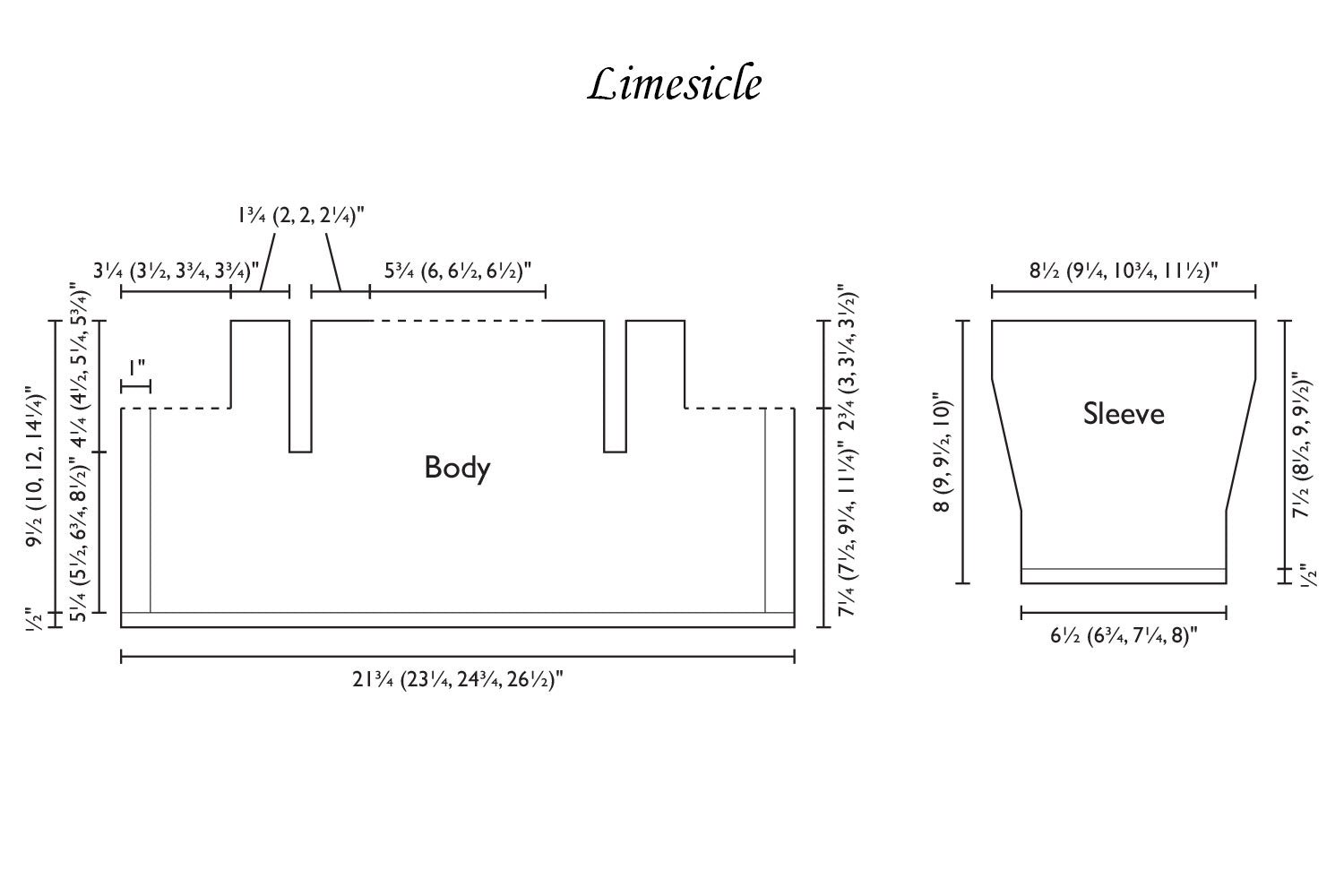 Detailed schematic line drawing with dimensions for Limesicle baby cardigan