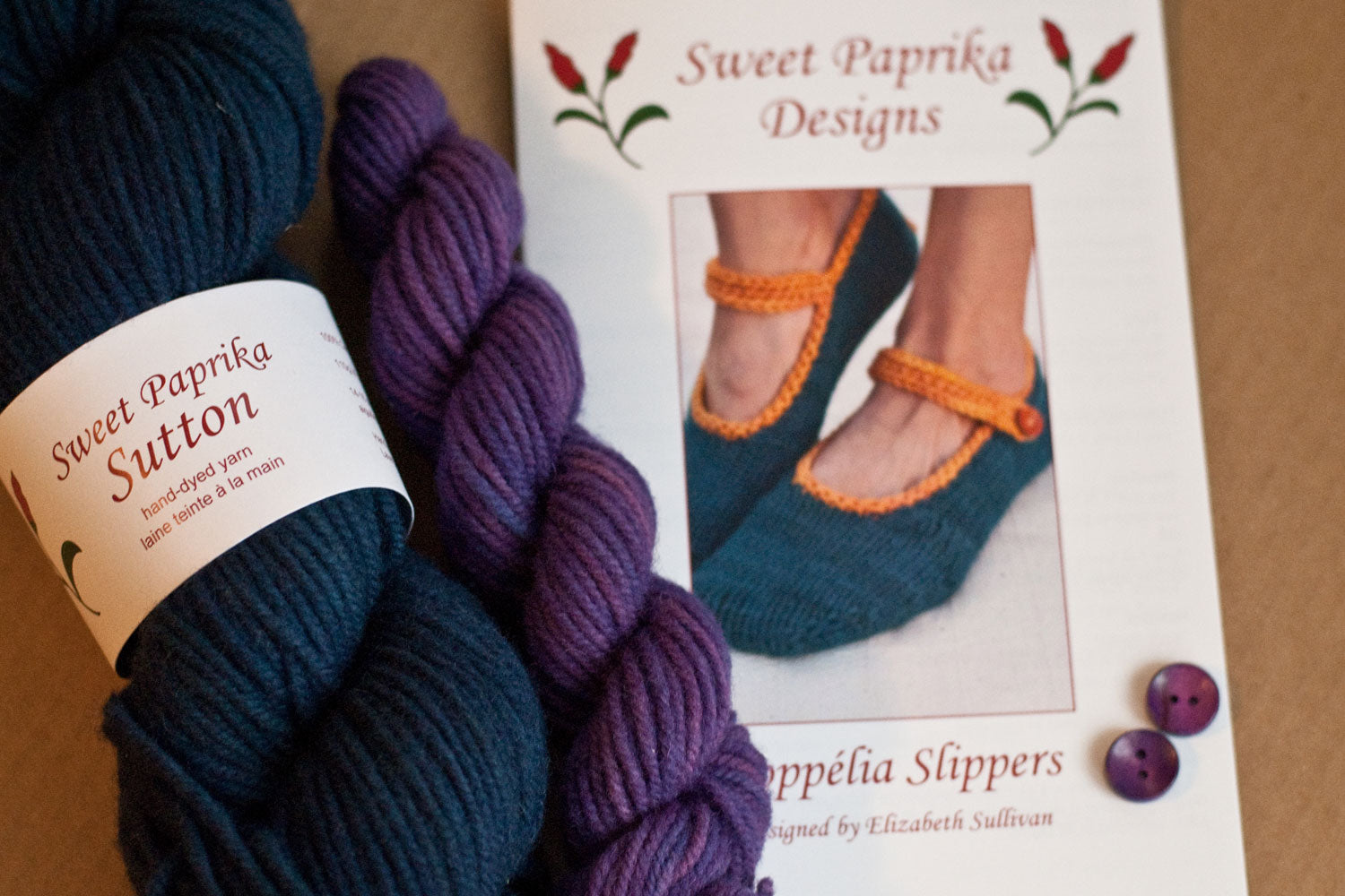 kit components: knitting pattern, bulky yarn in dark blue and purple, purple buttons