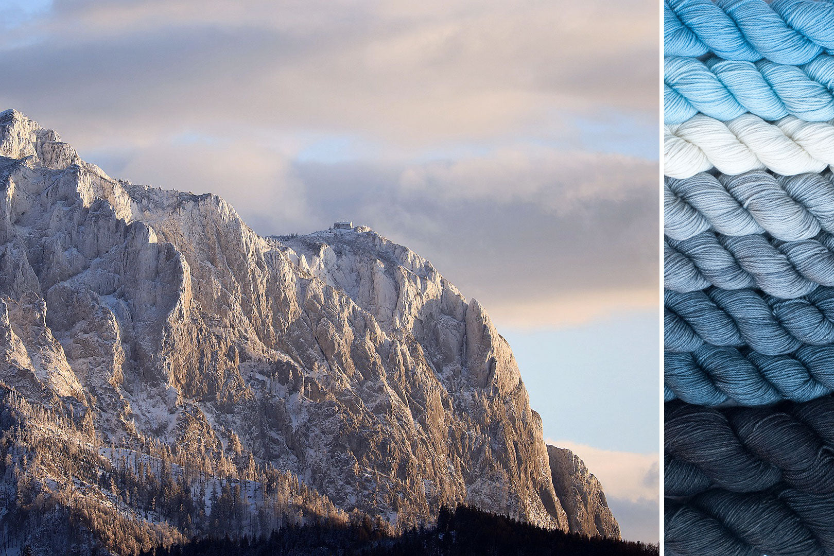 Collage of inspiration photo (grey and white rocky crags against a pale blue cloudy sky) compared with resulting gradient yarn set