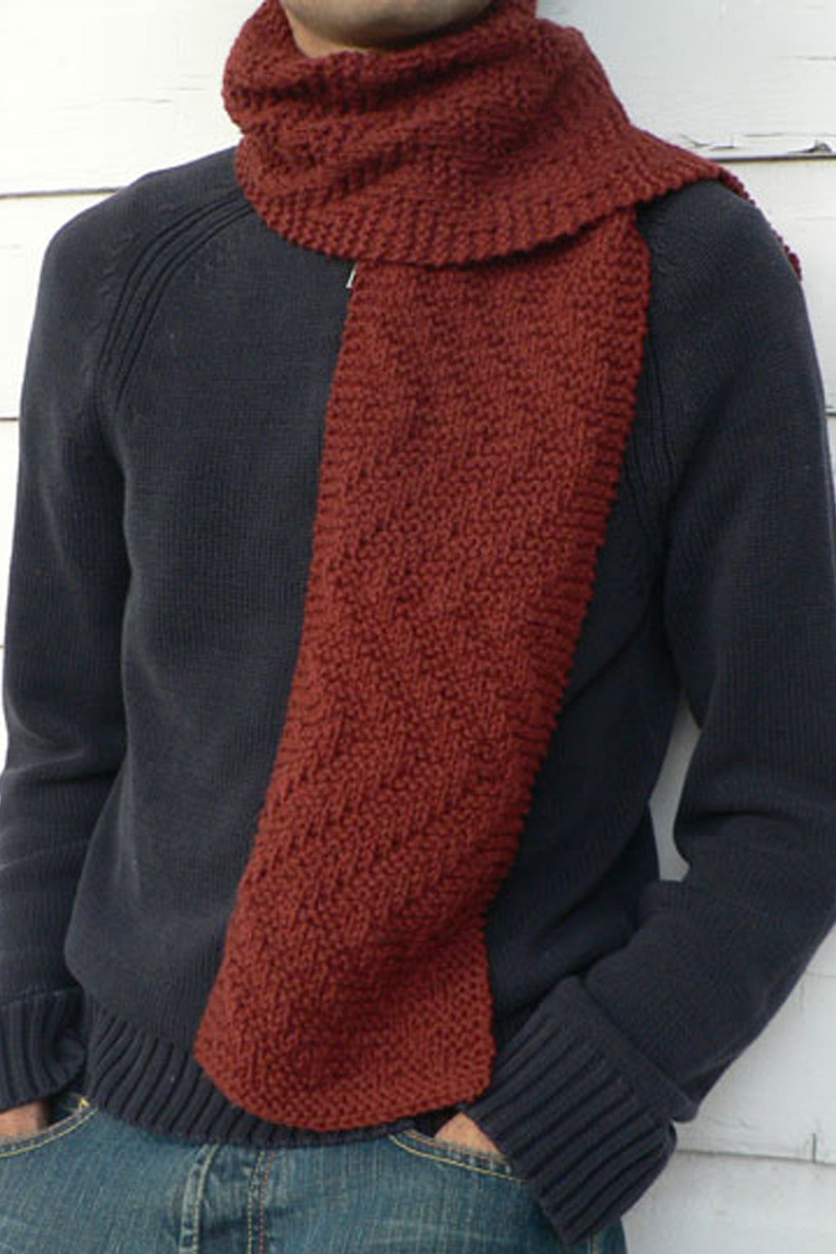 Rambler's Scarf with textured zig-zag knitting pattern for men.