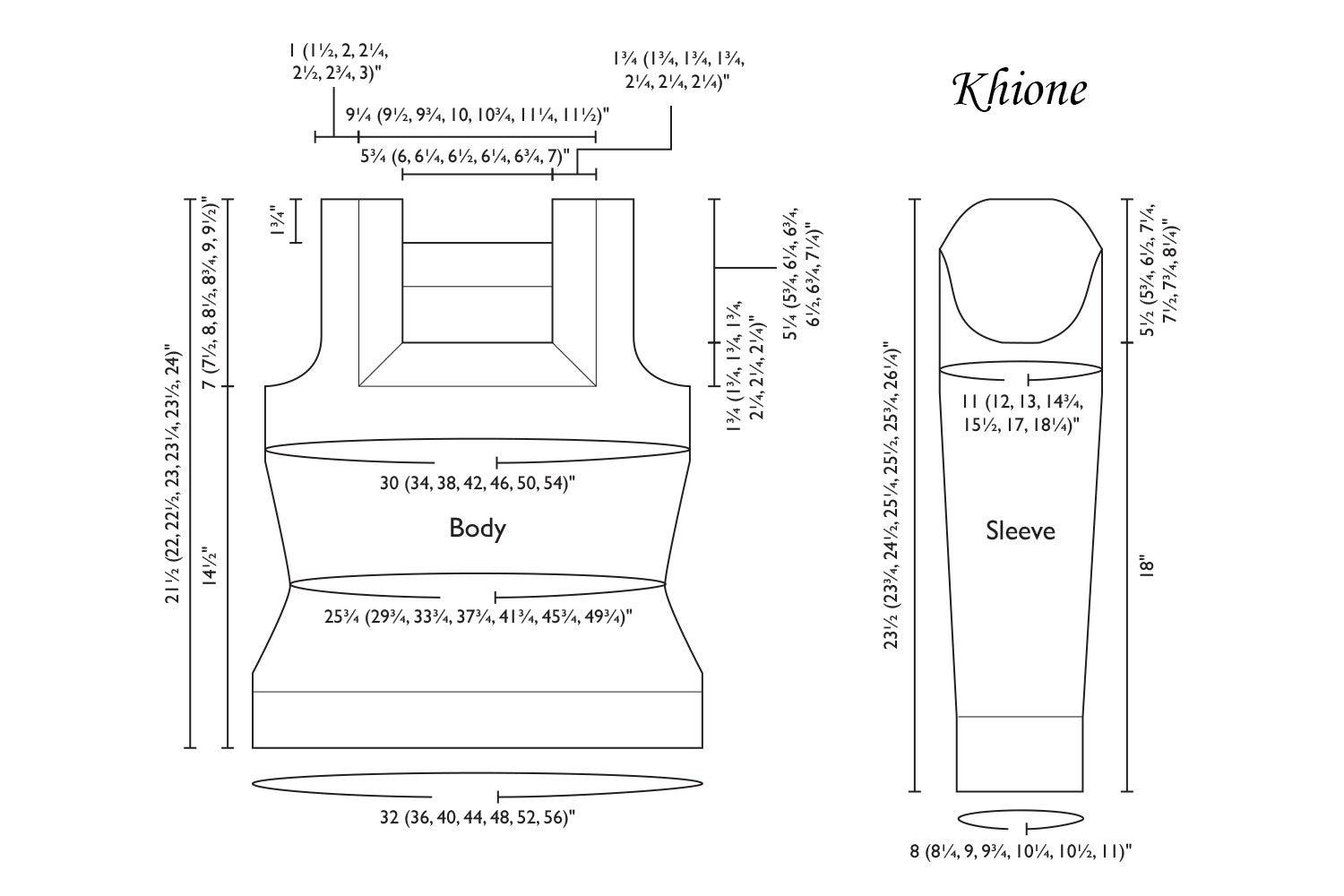 Detailed schematic line drawing with dimensions for Khione sweater