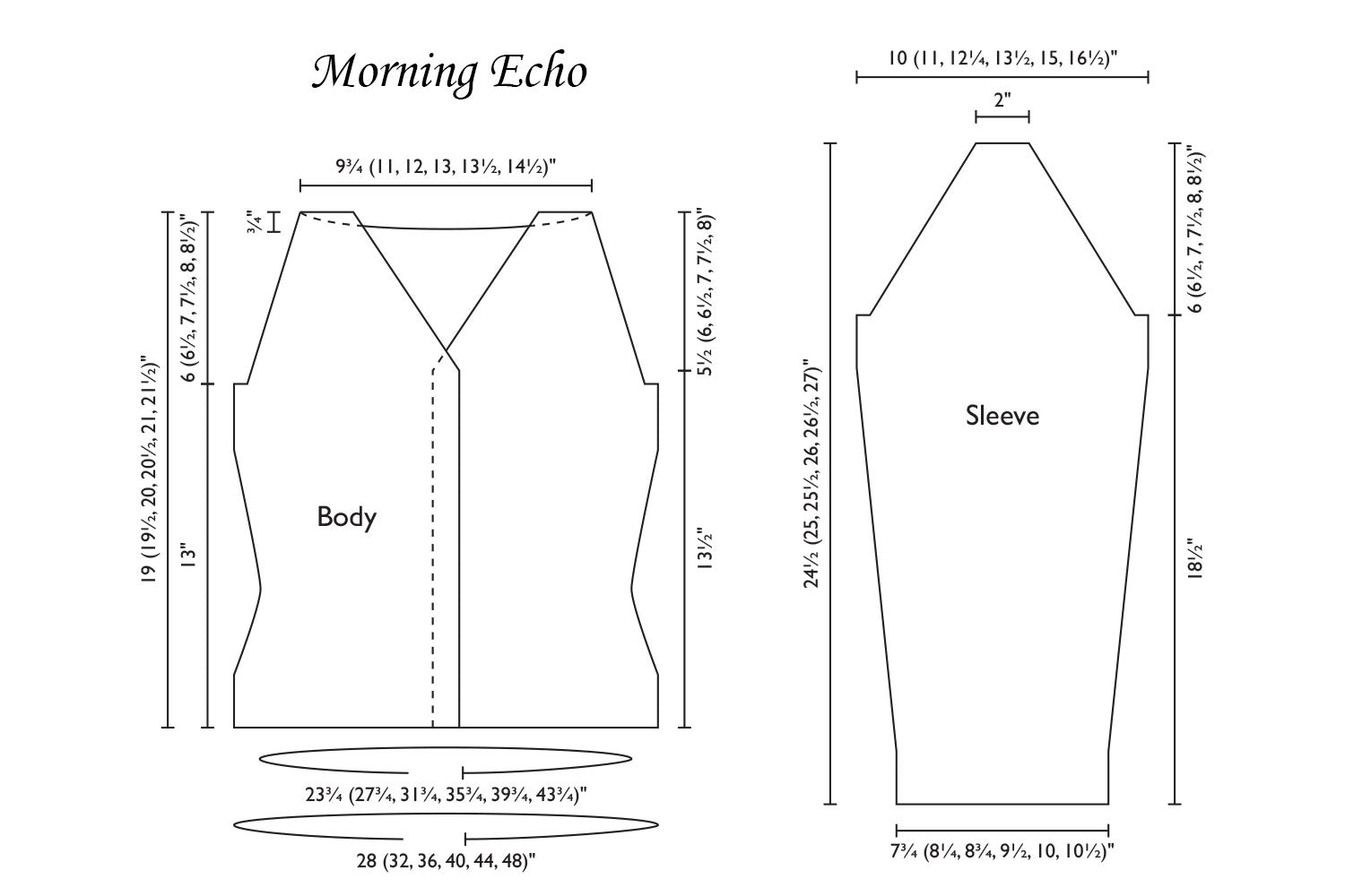 Detailed schematic line drawing with dimensions for Morning Echo cardigan