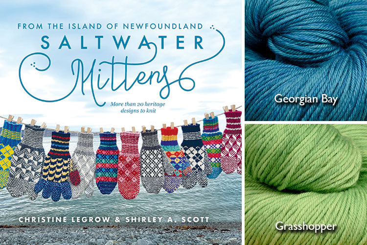 Saltwater Mittens book with teal and lime green hand-dyed yarn
