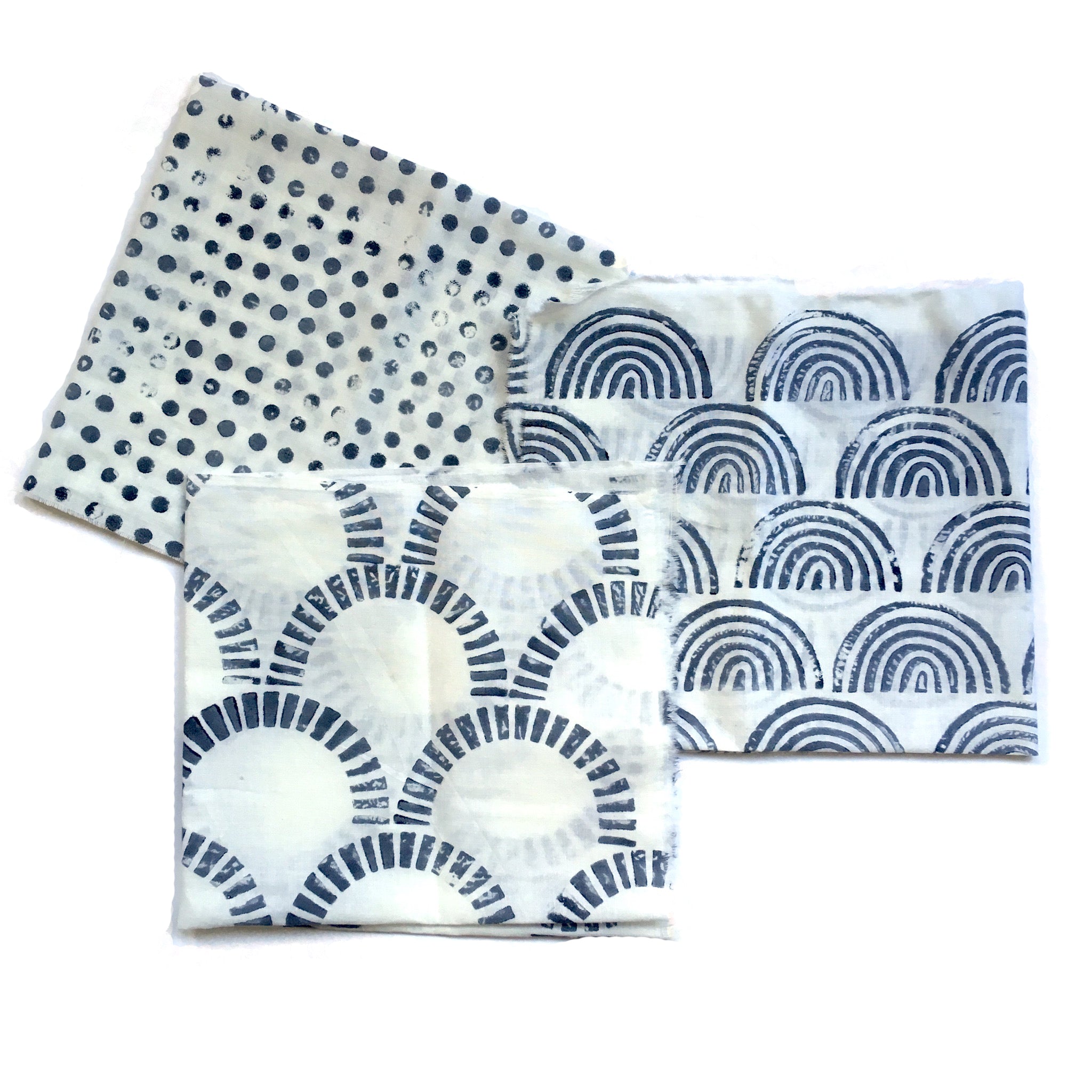 examples of fabrics block printed with indigo