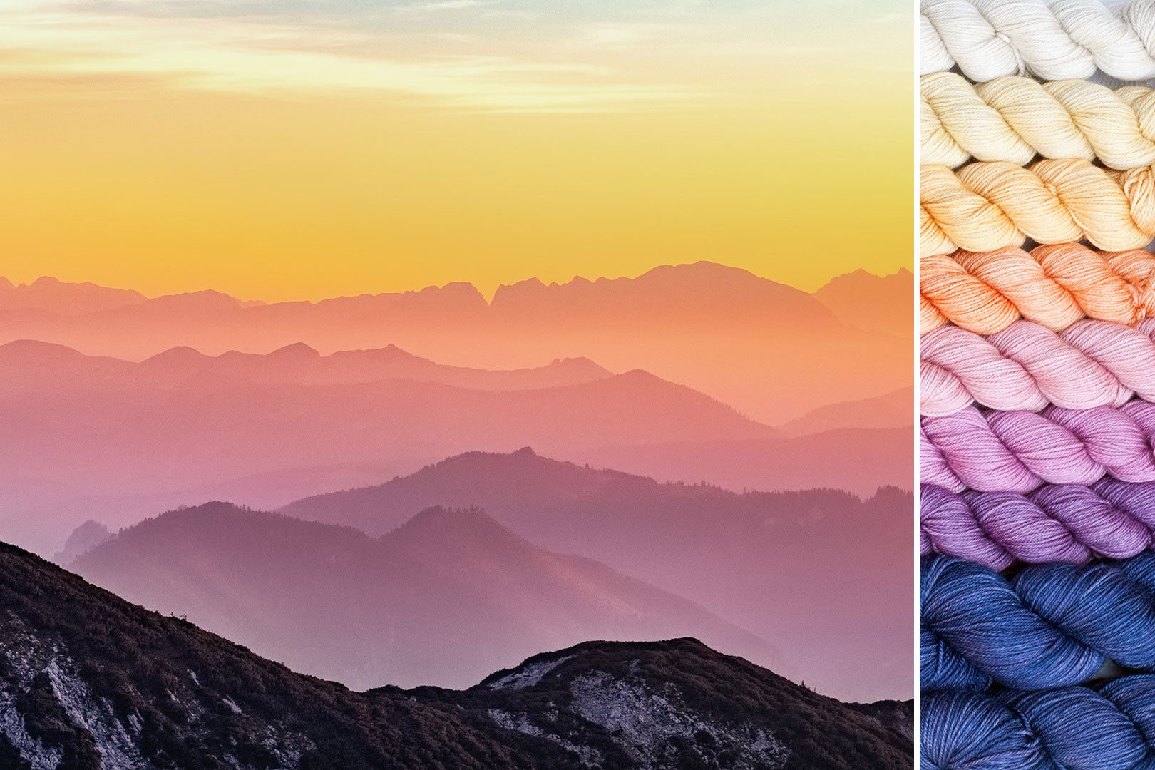 Collage with inspiration image (dark mountains in the foreground and a purple sunset over distant peaks) and matching gradient set for mountain musings MKAL 