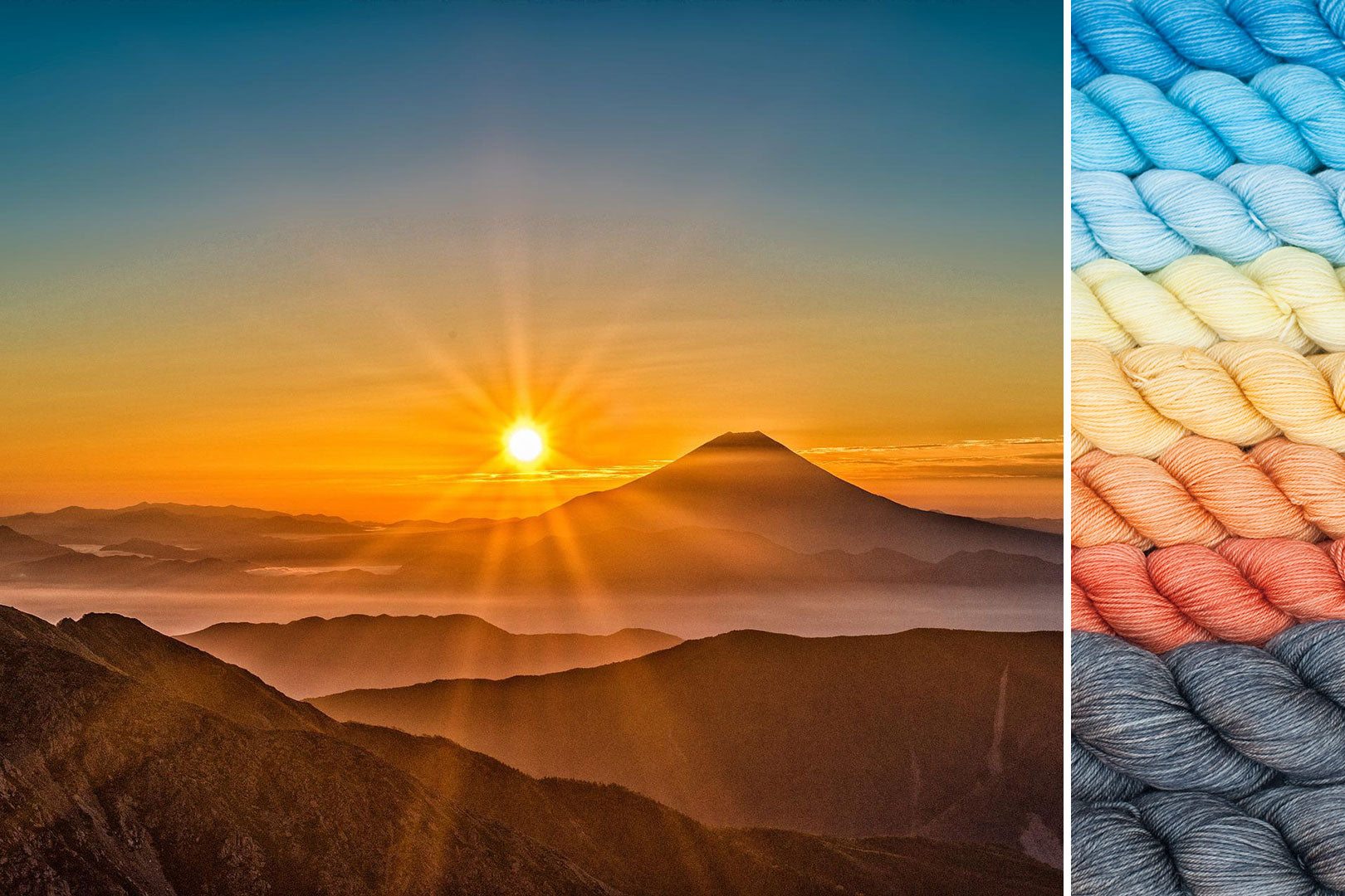 collage of inspiration image (deep blue sky, vibrant sunset and grey mountains in foreground) contrasted with resulting gradient set